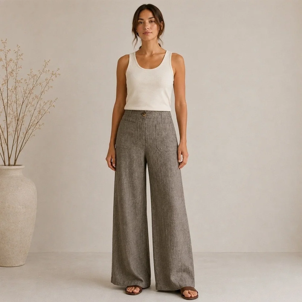 Quince European Linen Wide Leg Pants Womens 14 Patch Taupe Brown NWT